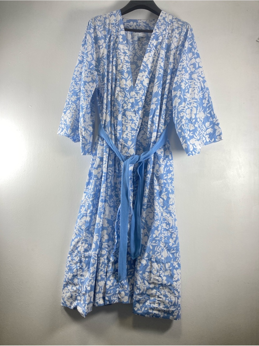 LAKE Pijama Pima Cotton Robe Women’s Size XL White Blue Floral Tie Lounge Pocket - Picture 1 of 16